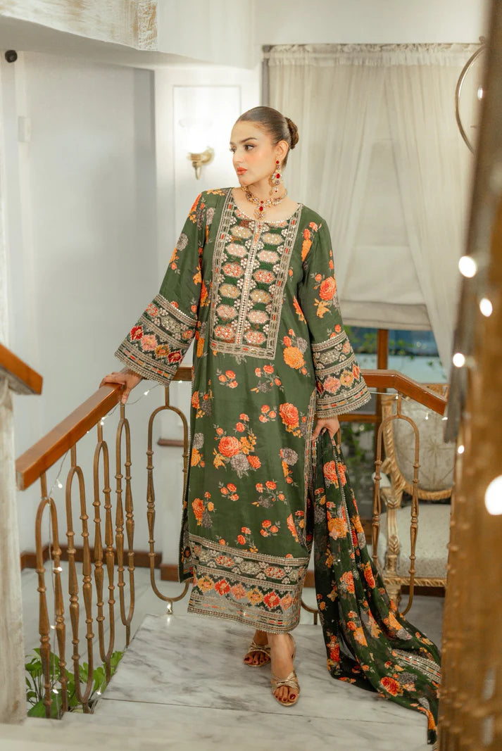 AL Silk Dress Embroidered 3 Piece Unstitched LUX-15 (Green)